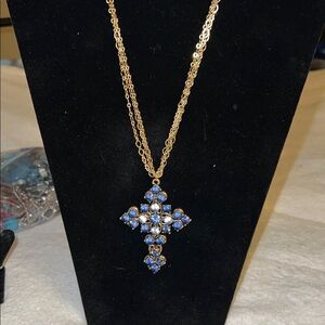 Vintage Gold-Tone Blue & Clear Rhinestone Cross Necklace